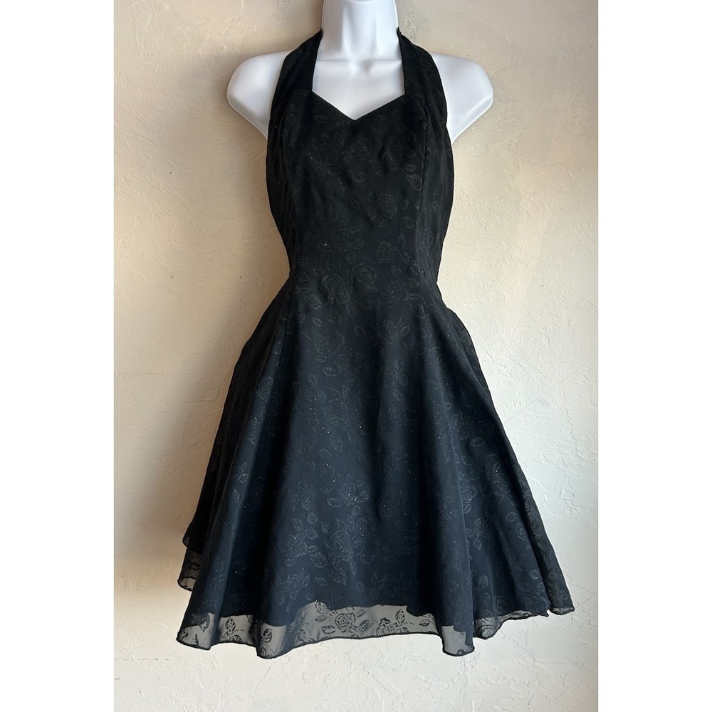 Vintage Masquerade Black‎ Halter Floral Party Dress 7 S Goth Prom Glitter Tulle